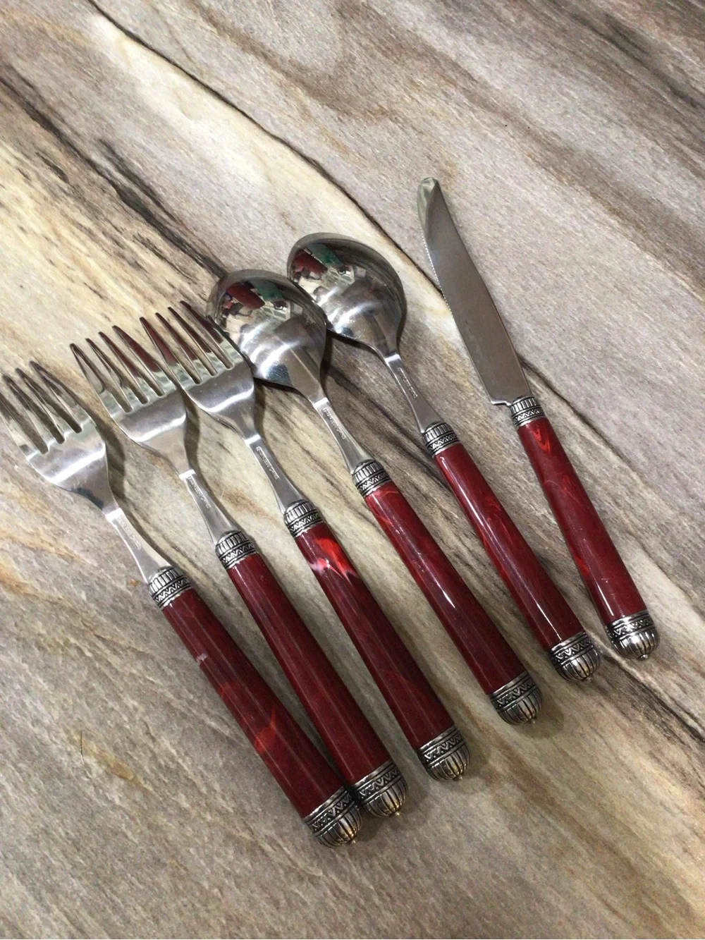 Red Marbled Acrylic Handle Flatware Set Stainless Steel Ornate 6 Piece